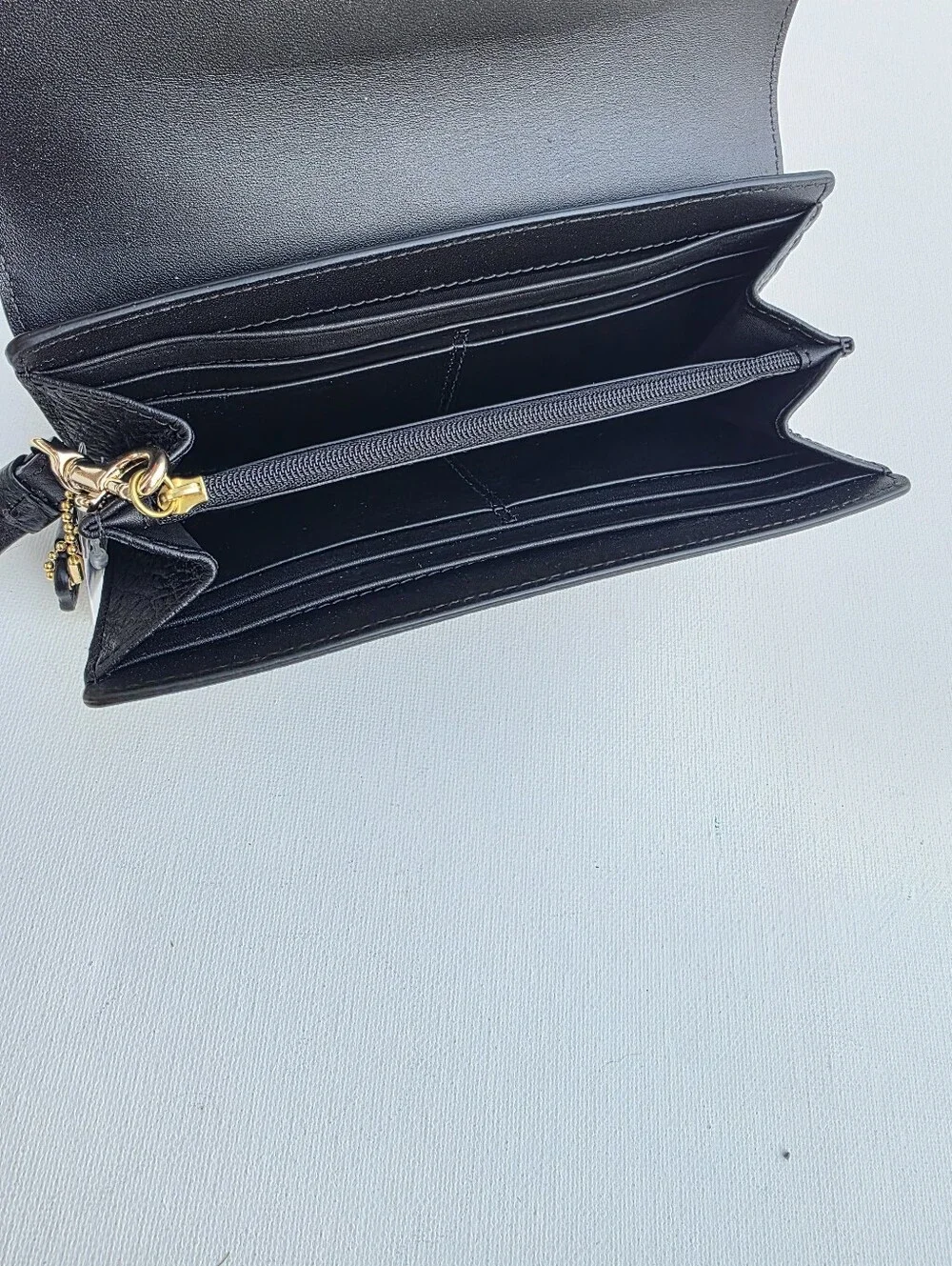 NWT Coach Madison Slim Flap Black Pebbled Leather Wristlet Clutch